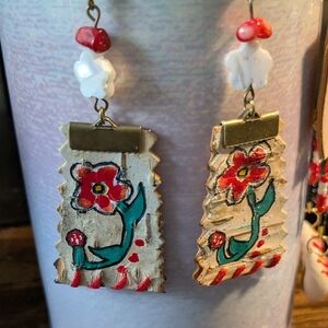 Hand Painted Ojibwe Floral Birch Bark Earrings